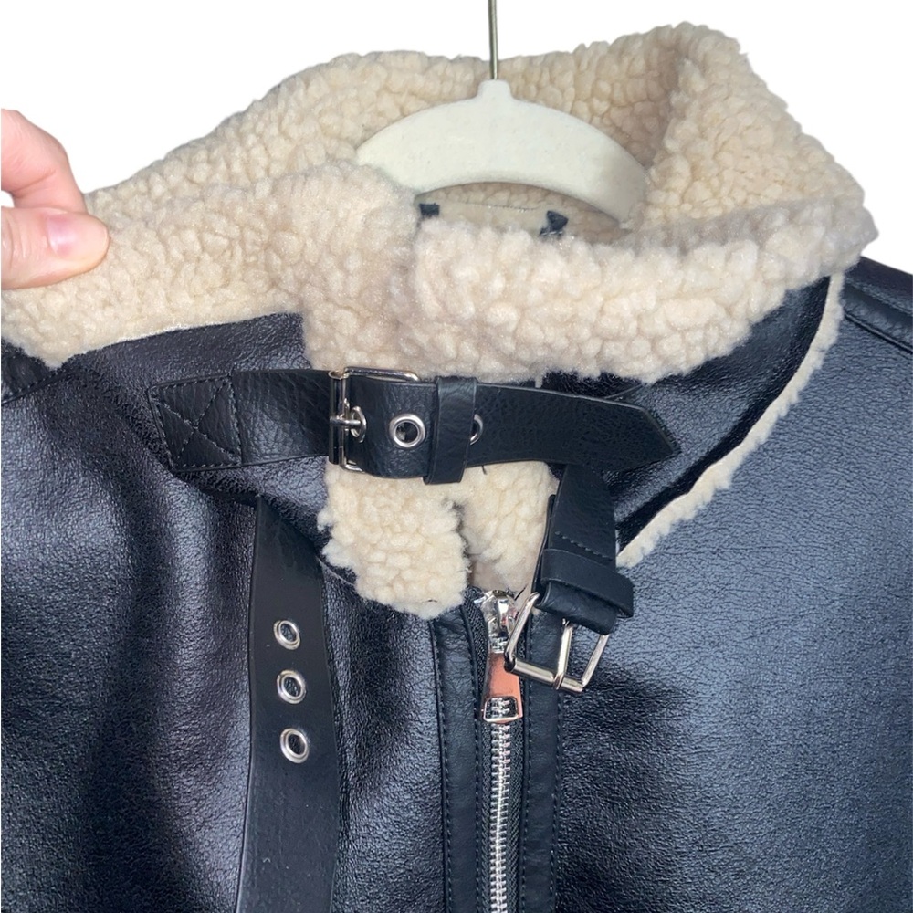 NWOT Black/Tan Faux Leather Faux Fur Crop Jacket, Size XL (Fits like a M/L) - Picture 6 of 6